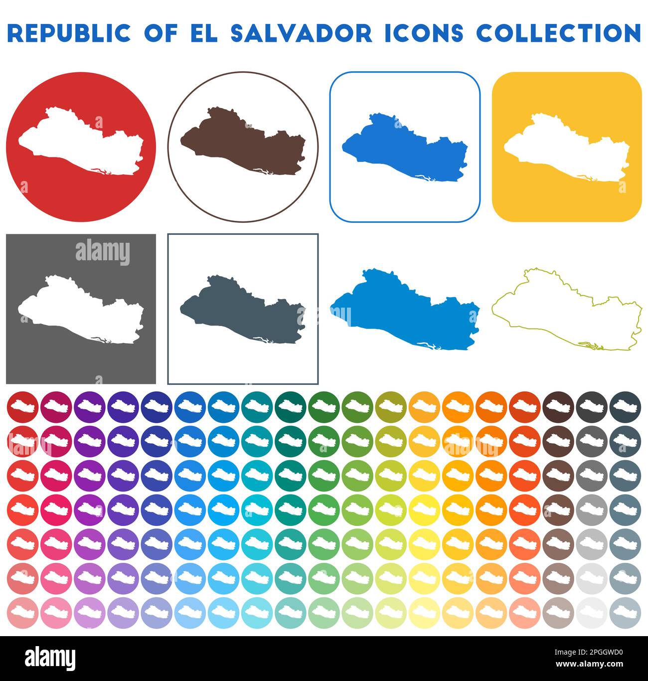 Republic of El Salvador icons collection. Bright colorful trendy map ...