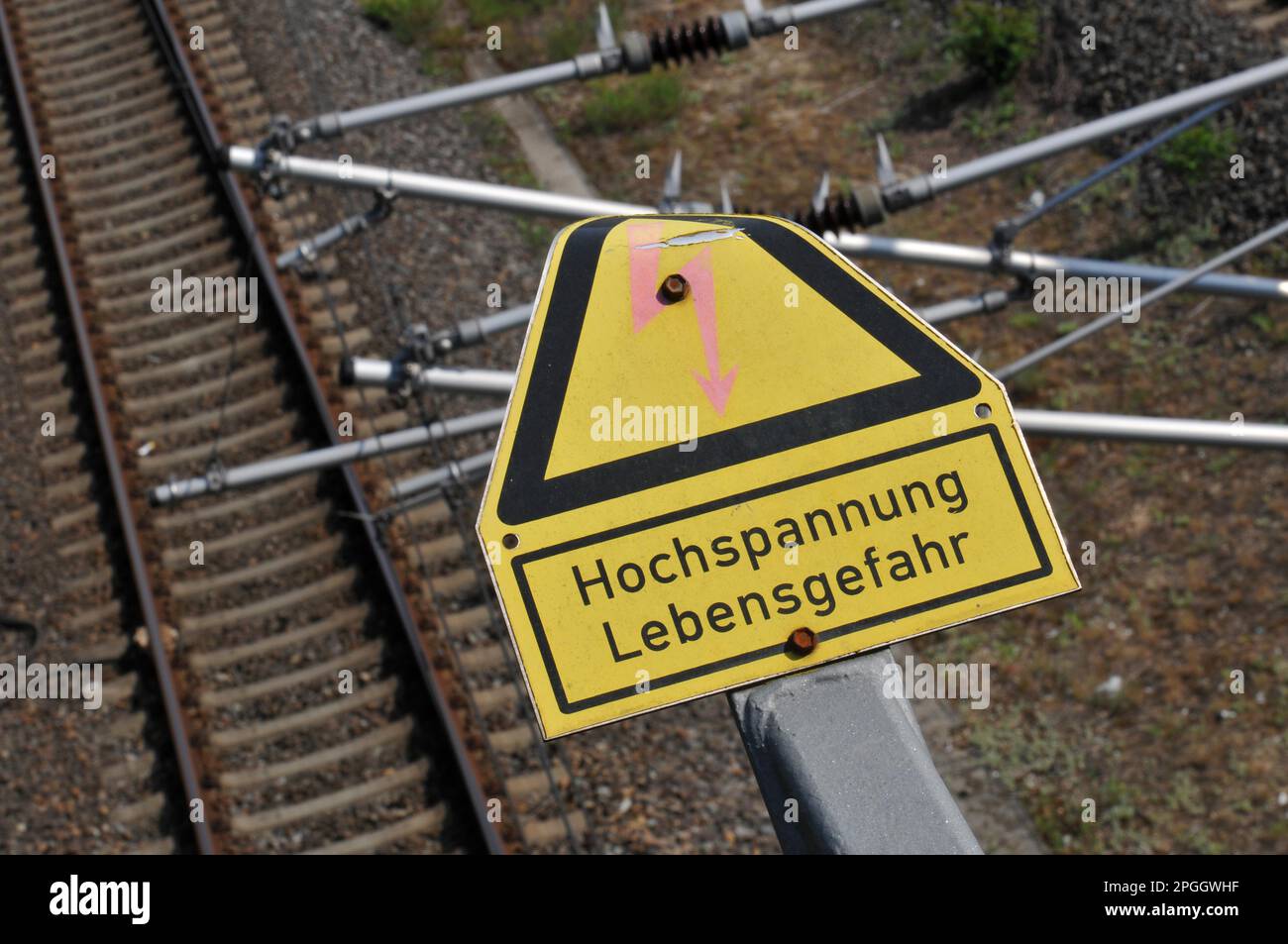Railway line, high voltage, Schoeneberg, Berlin, Germany Stock Photo