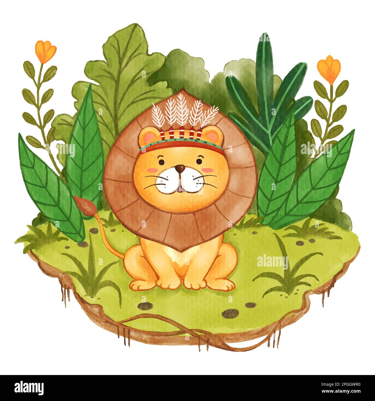 Indians tribal lion wearing feather headdress in forest . Realistic watercolor paint with paper textured . Cartoon character design . Vector . Stock Vector