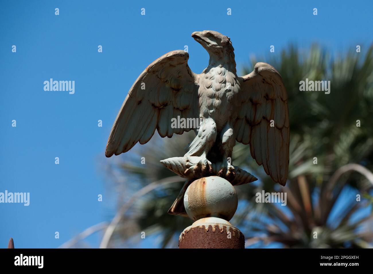 Iron eagle, sculpture, metal figure, gate of Napoleon's residence, fence, Villa San Martino, Portoferraio, Elba, Tuscany, Italy Stock Photo