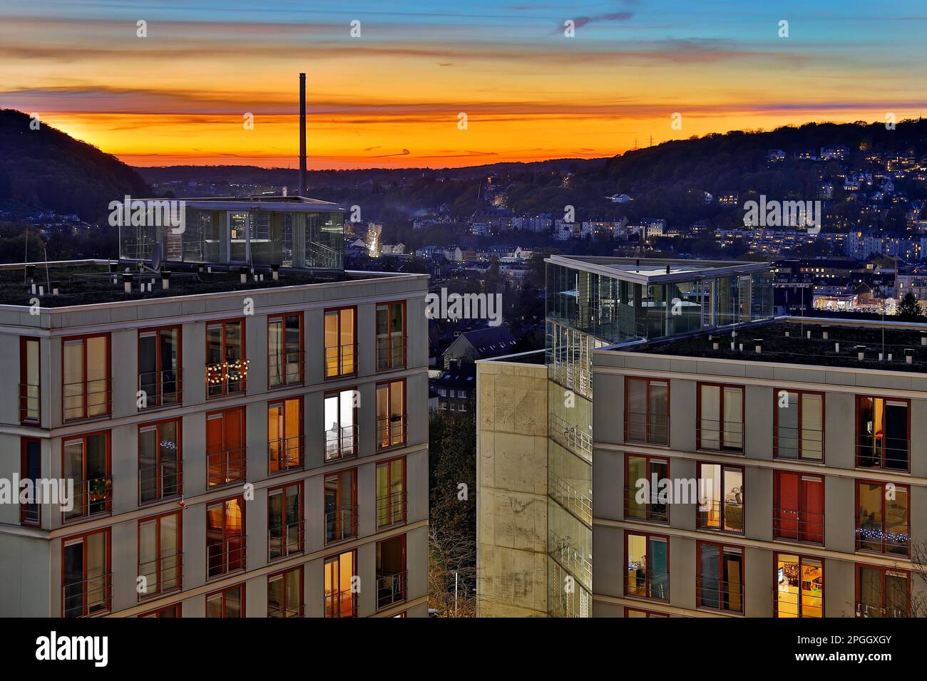 Atmospheric view of the Burse student dormitory from the university at sunset, Wuppertal, North Rhine-Westphalia, Germany Stock Photo