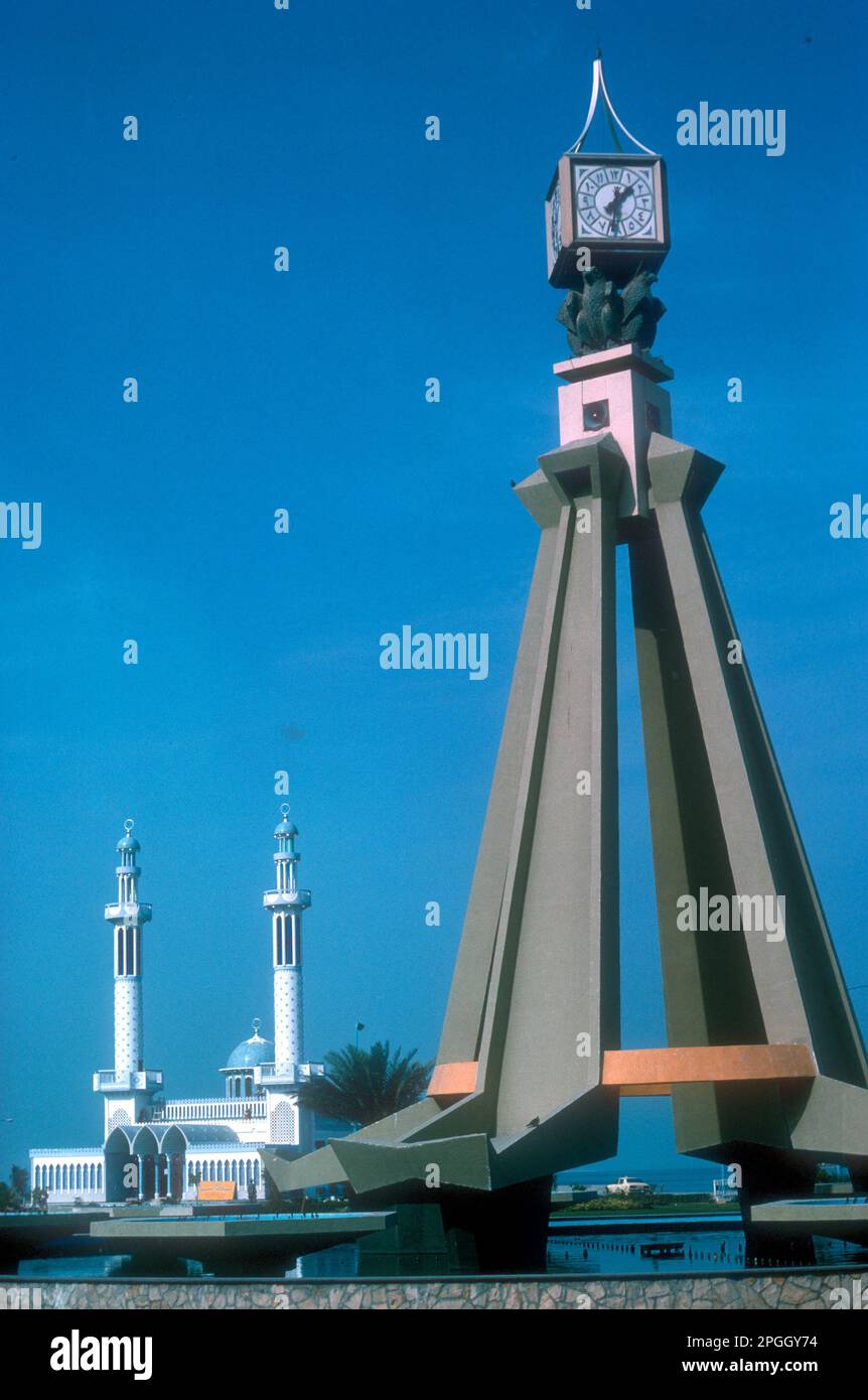 Clocktower and mosque in Abu Dhabi, UAE, 1979 Stock Photo Alamy