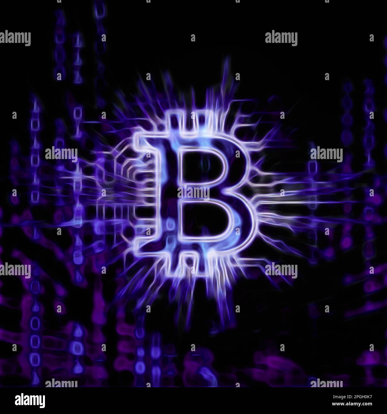 Bitcoin ₿ cryptocurrency, digital decentralized currency symbol. Conceptual dynamic fractal illustration of a bitcoin connected to a blockchain networ Stock Photo