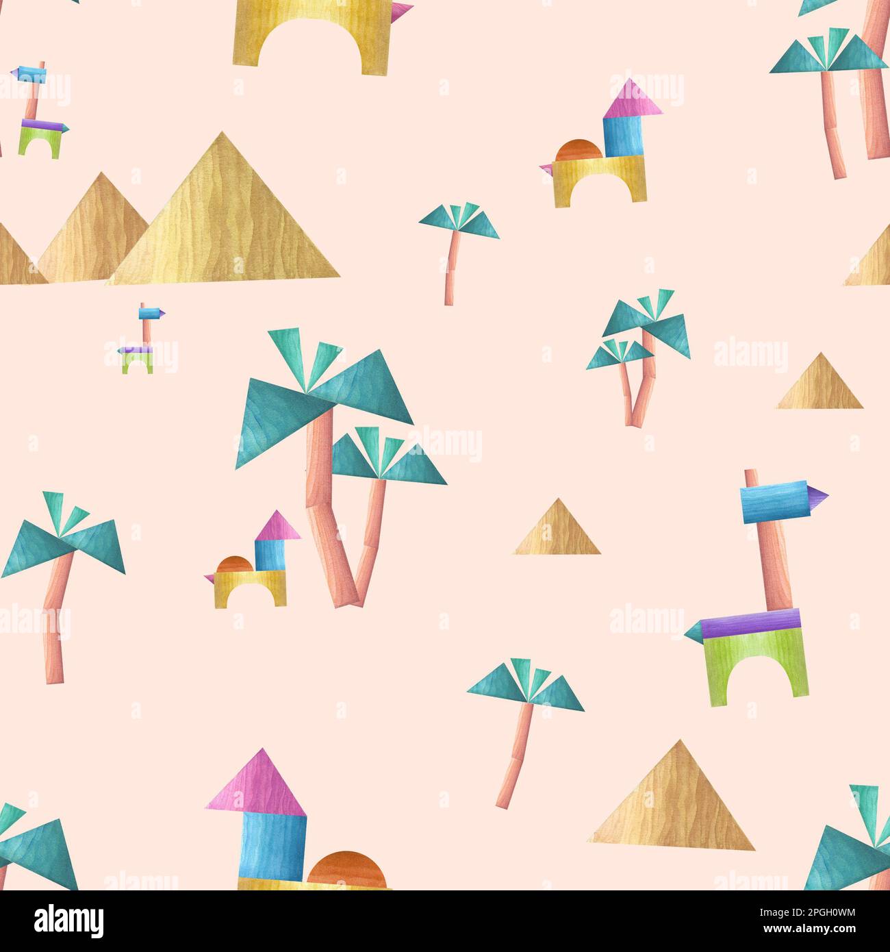 Watercolor seamless pattern of palm trees, pyramids, animals built from ...