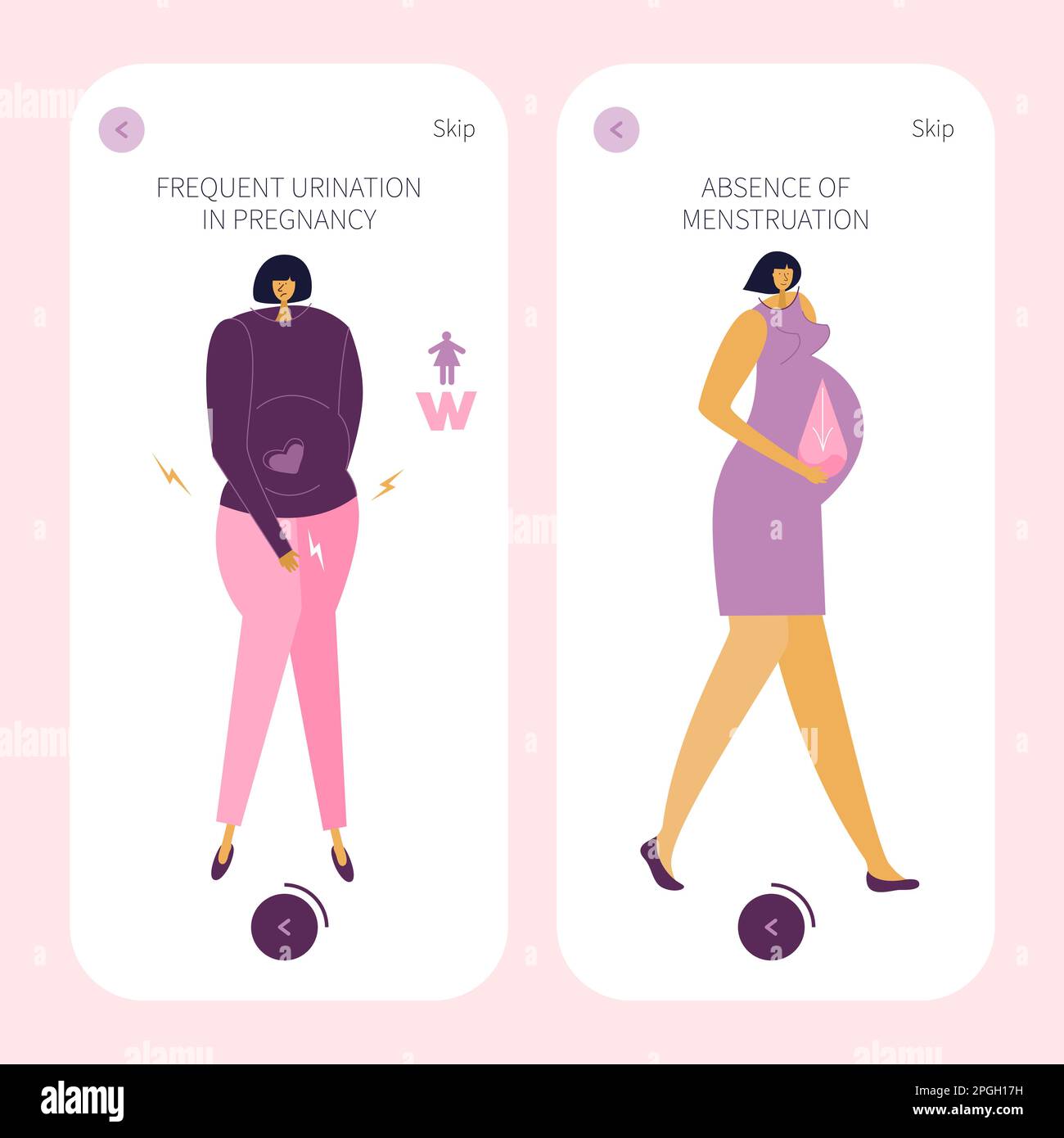 The app design with pregnancy symptoms. New mom absence of menstruation and  frequent urination. Pregnant women has often discomfort, heaviness and  Stock Vector Image & Art - Alamy
