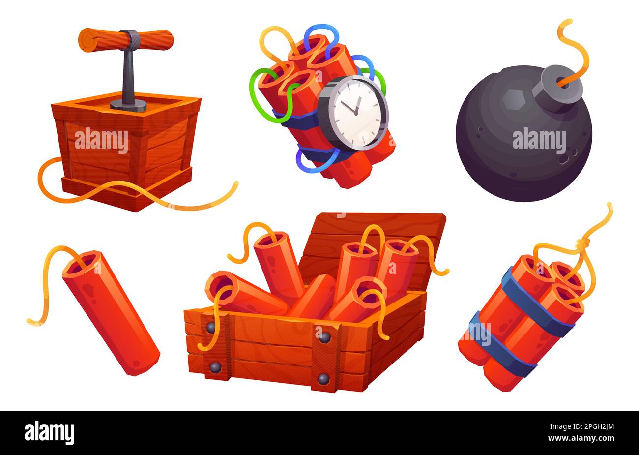 Cartoon set of tnt explosives isolated on white background. Vector illustration of old bomb detonator, fuse, vintage wooden box with dynamite sticks, explosion timer mechanism with clock. Game assets Stock Vector