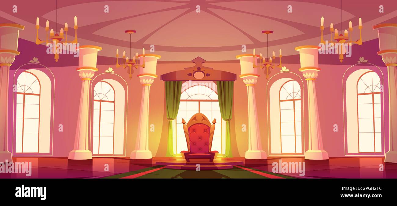 Cartoon throne room interior. Vector illustration of royal palace ballroom with large windows, green curtains, sophisticated chair of medieval king, carpet on floor, marble pillars, golden chandeliers Stock Vector