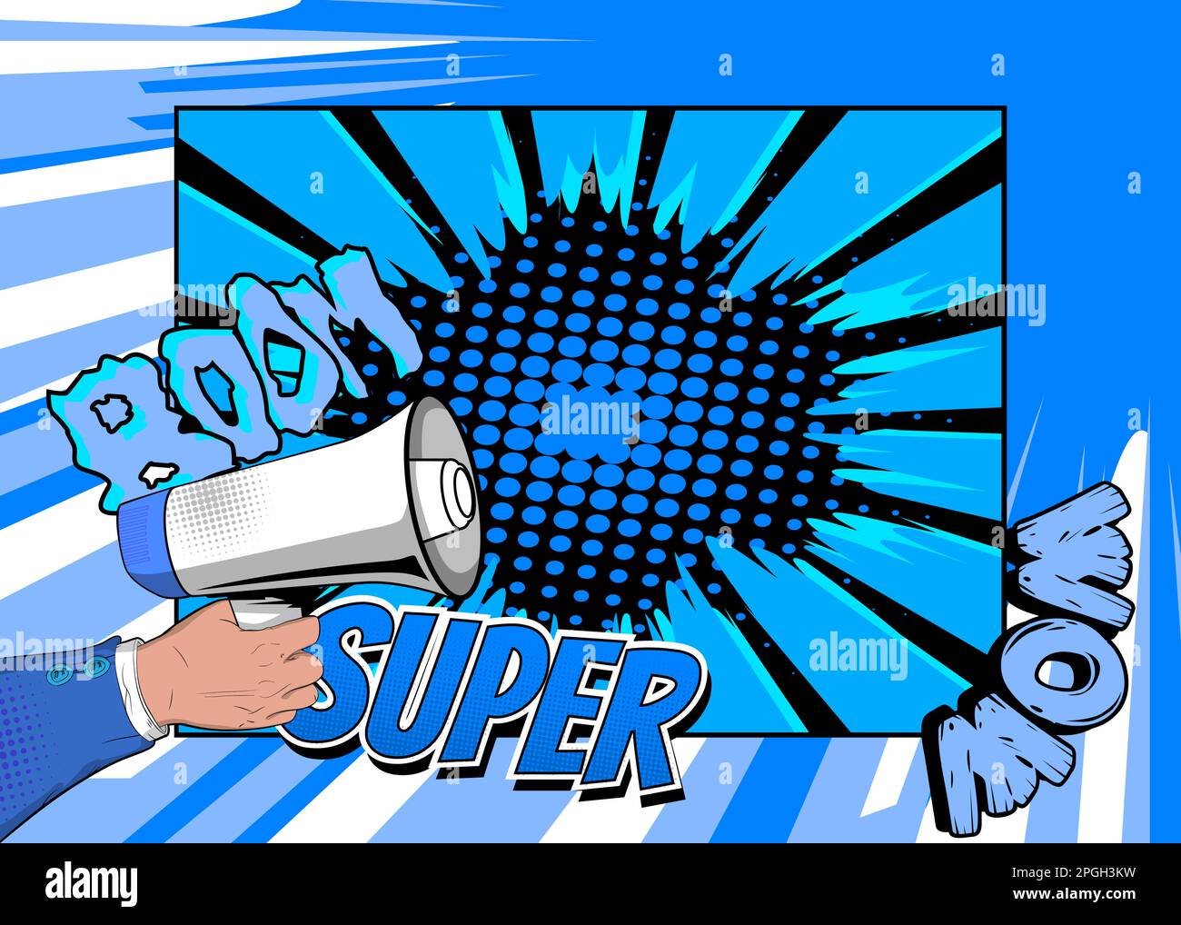 Comic book hand holding Megaphone. Cartoon illustration of a