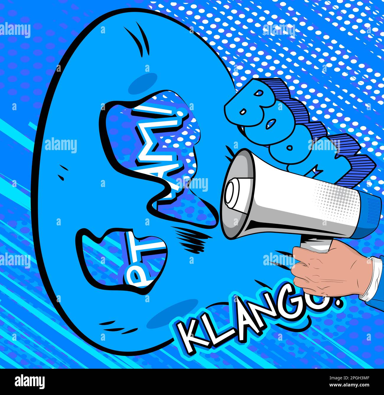 Comic book hand holding Megaphone. Cartoon illustration of a