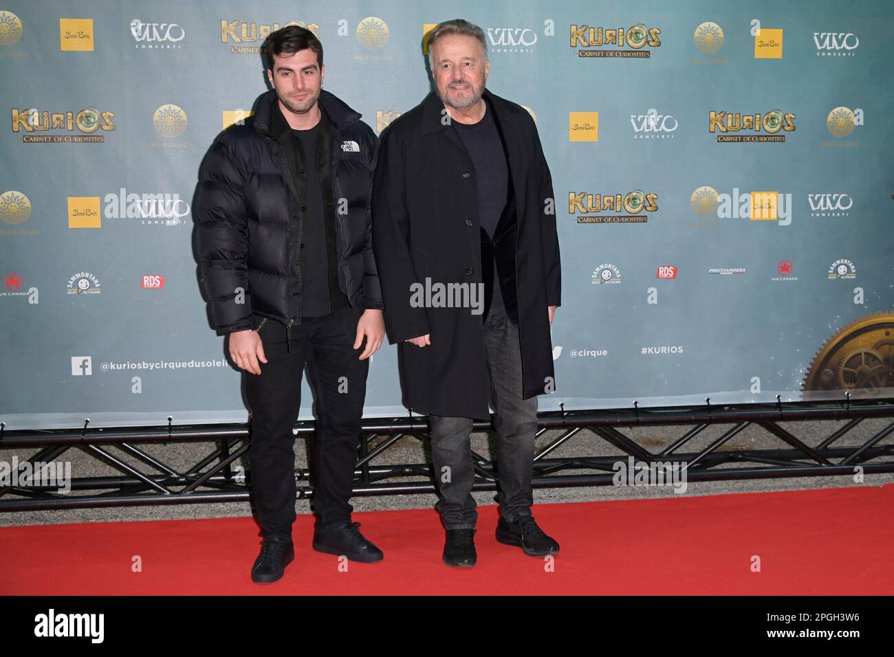 Rome, Italy. 22nd Mar, 2023. Francesco Bruni (L) and Christian De Sica (R) attend the red carpet of Cirque du Soleil show 'Kurios Cabinet of curiosity' at tent theater in via Tor di Quinto. Credit: SOPA Images Limited/Alamy Live News Stock Photo