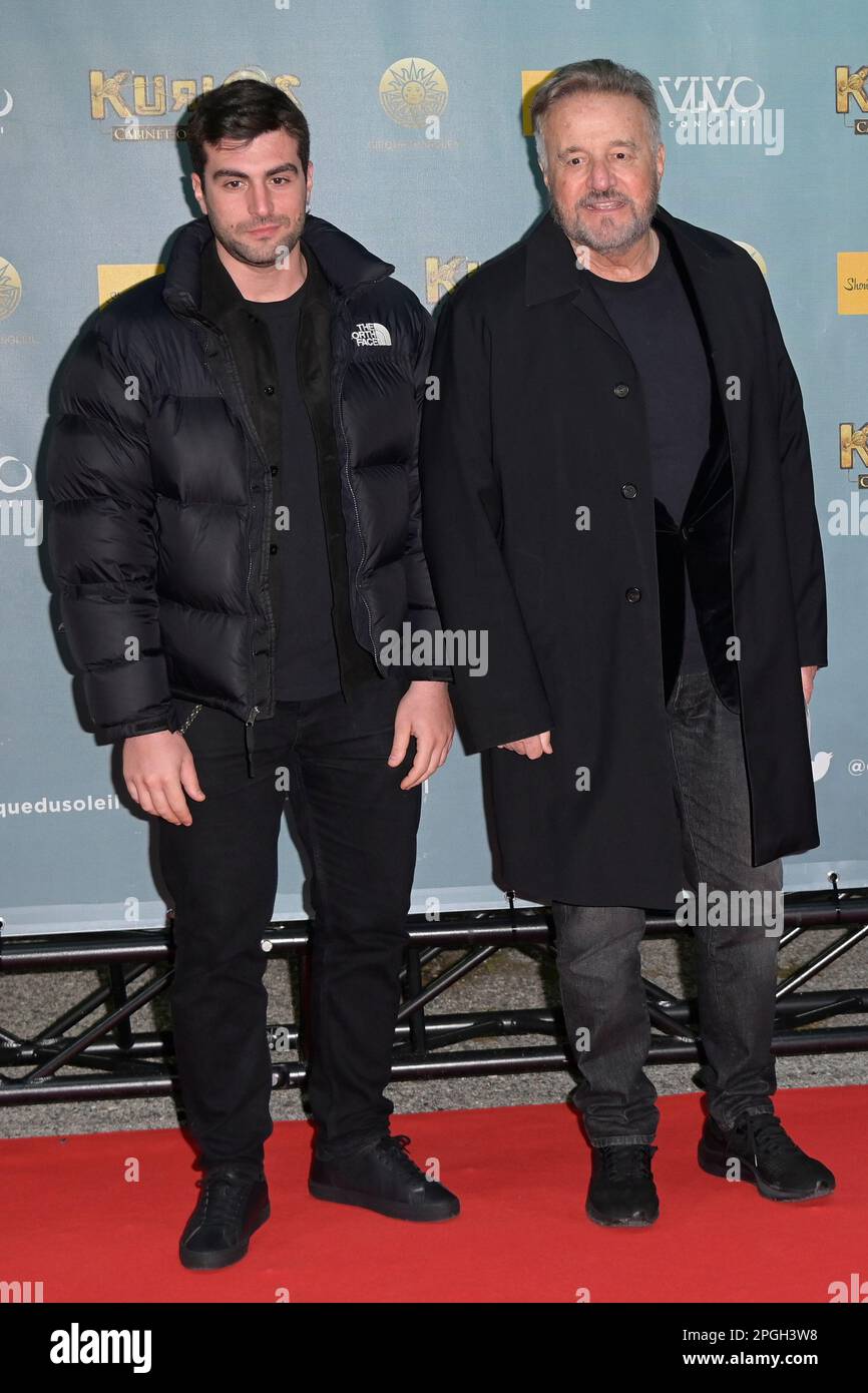 Rome, Italy. 22nd Mar, 2023. Francesco Bruni (L) and Christian De Sica (R) attend the red carpet of Cirque du Soleil show "Kurios Cabinet of curiosity" at tent theater in via Tor di Quinto. Credit: SOPA Images Limited/Alamy Live News Stock Photo
