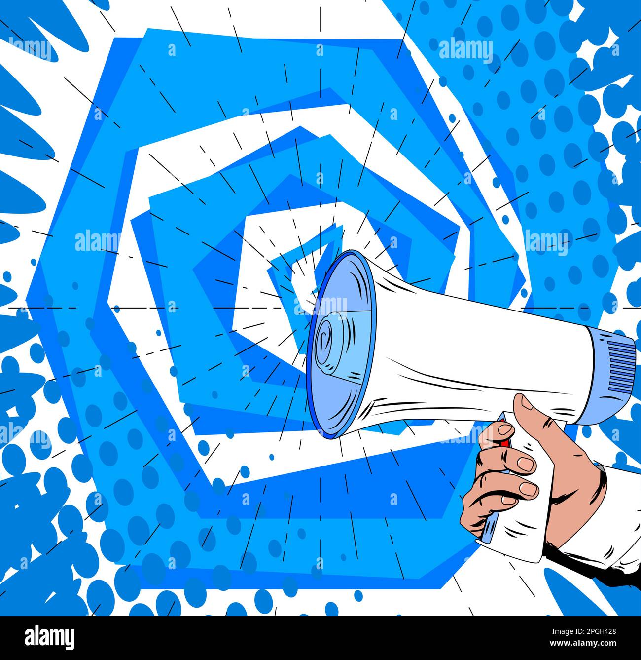 Comic book hand holding Megaphone. Cartoon illustration of a