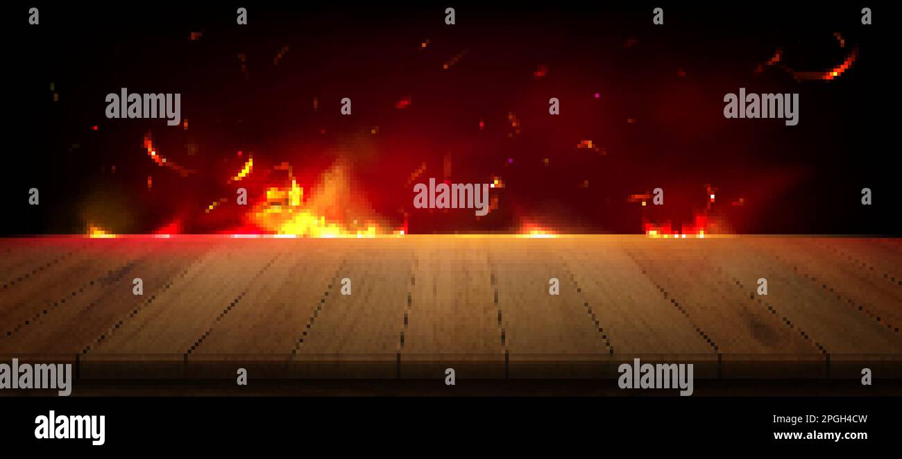Oven fire burning at edge of wooden table. Vector realistic