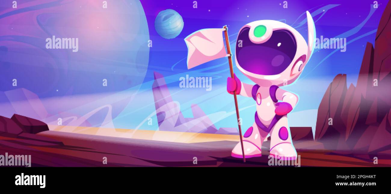 Astronaut with flag on moon or planet with outer space view. Cute ...