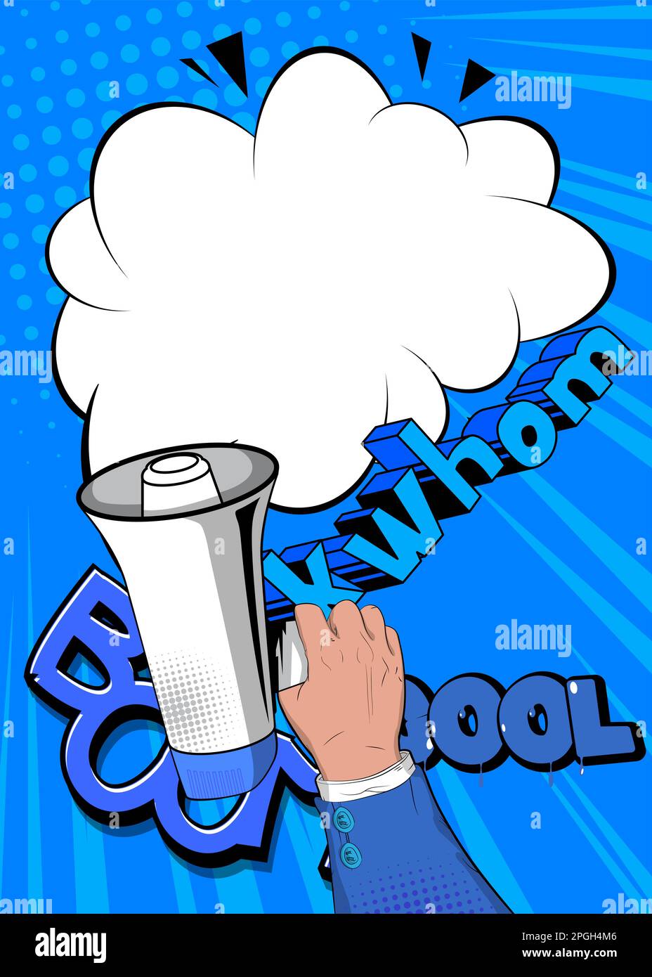 Comic book hand holding Megaphone. Cartoon illustration of a