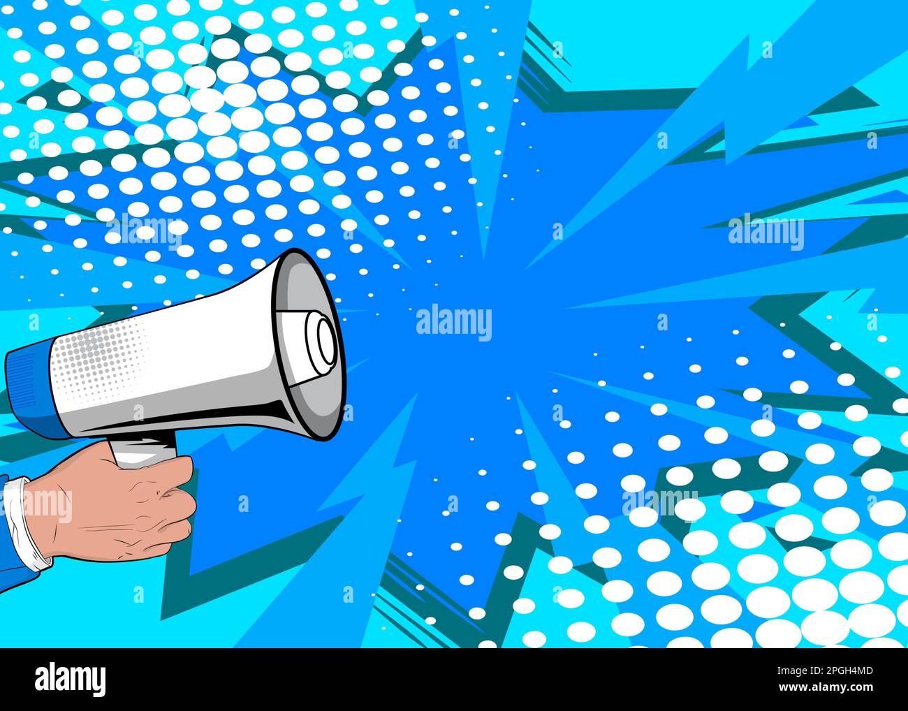 Comic book hand holding Megaphone. Cartoon illustration of a