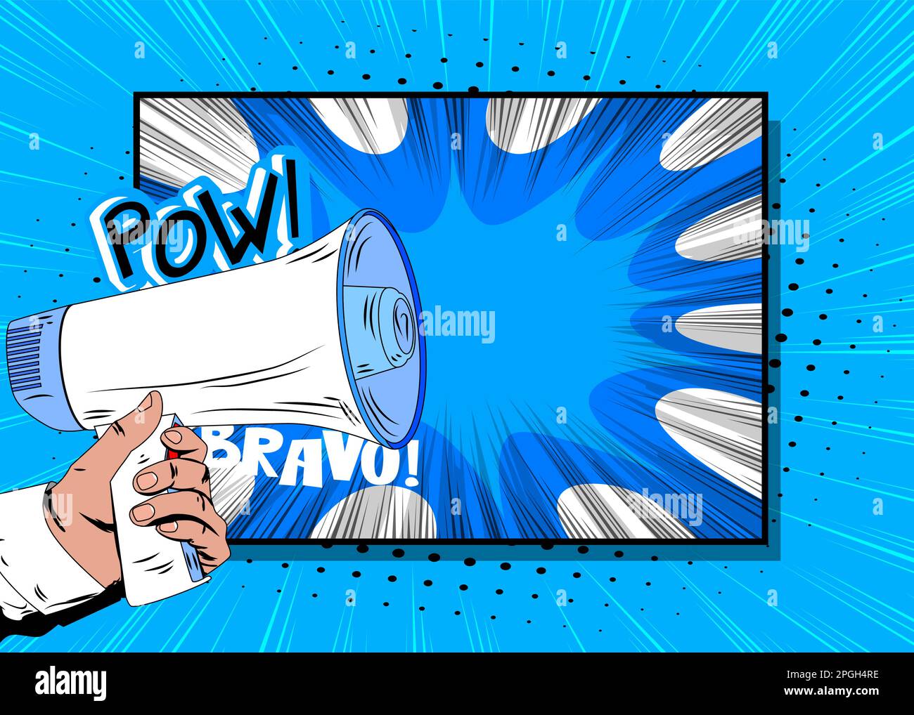 Comic book hand holding Megaphone. Cartoon illustration of a