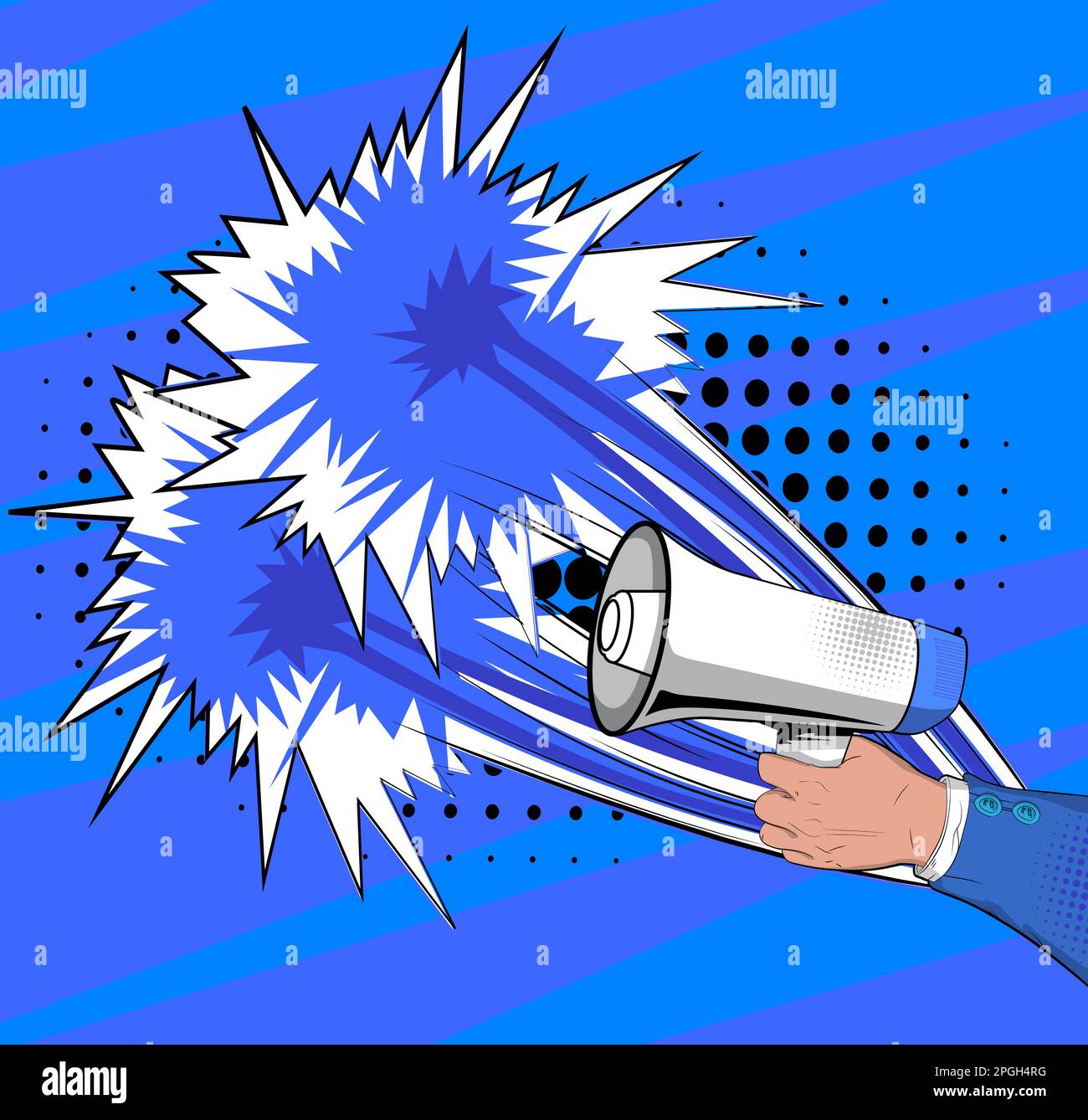 Comic book hand holding Megaphone. Cartoon illustration of a