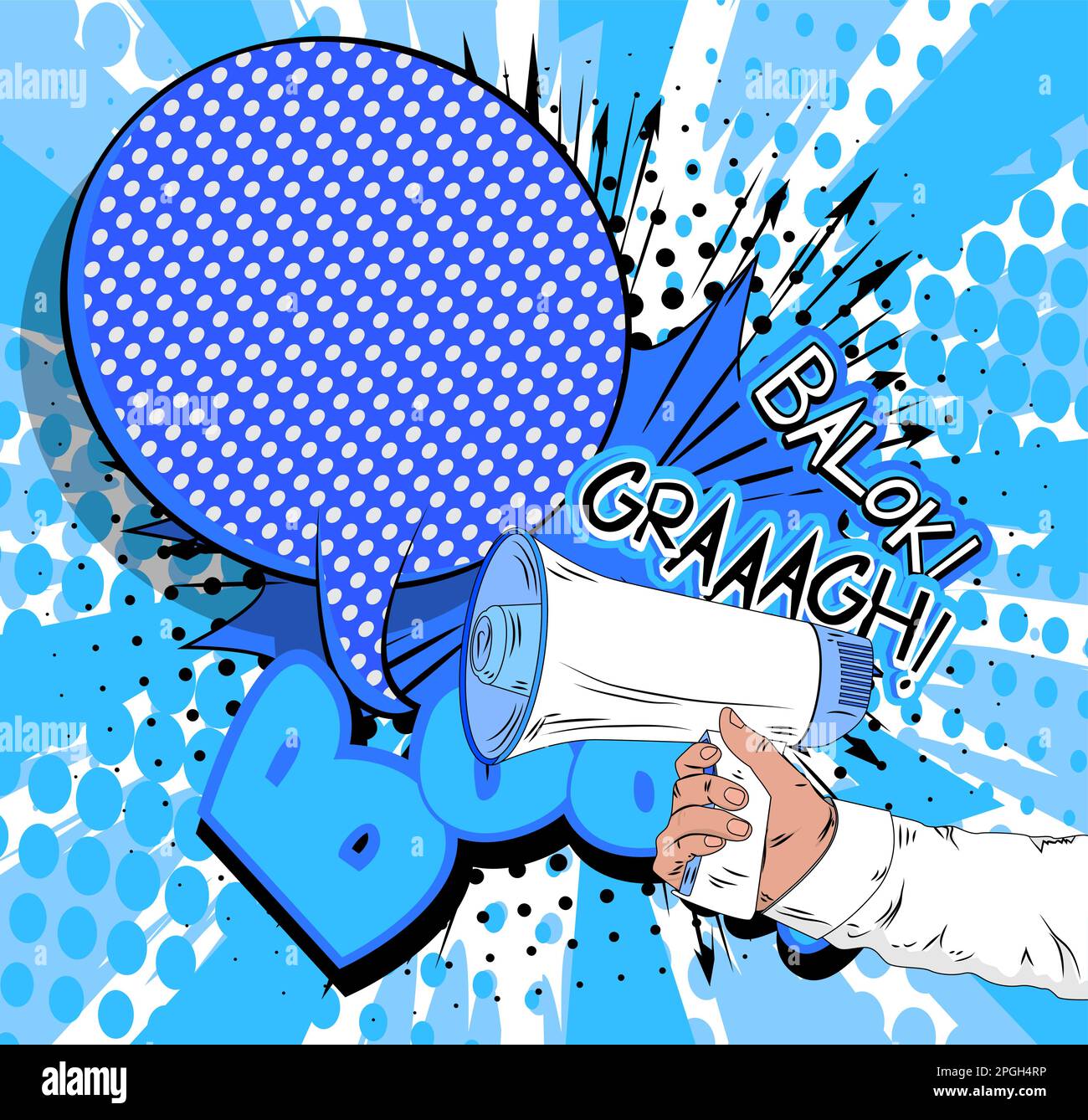 Comic book hand holding Megaphone. Cartoon illustration of a