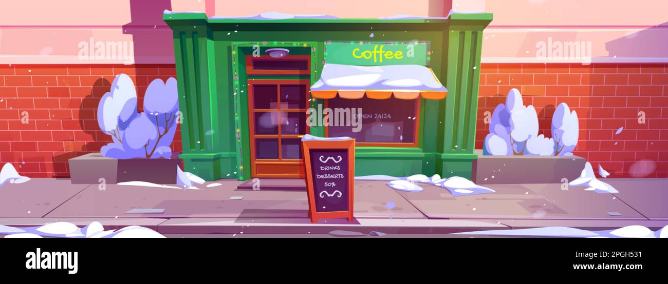 Coffee shop exterior in winter. Vector cartoon illustration of city