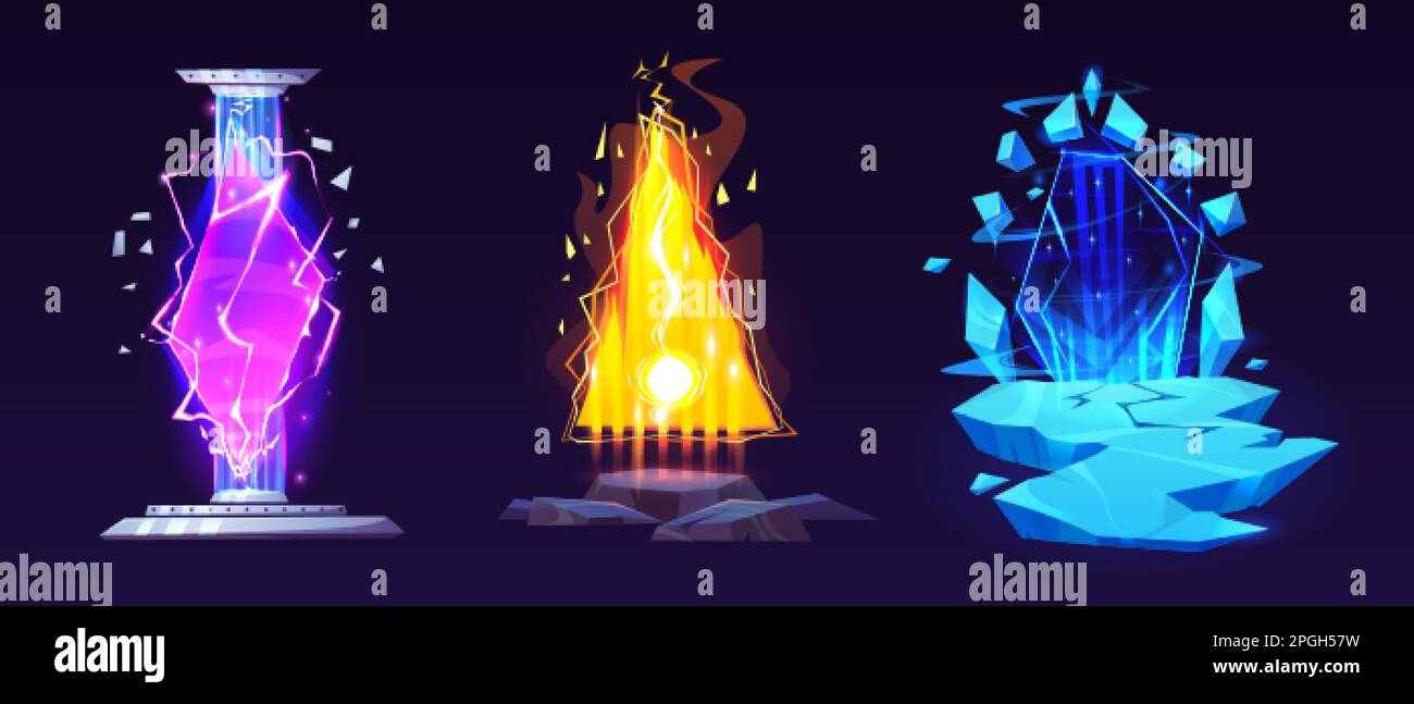 Set of magic game portals isolated on dark background. Vector cartoon illustration of space, stone and ice platforms with laser light, fire flame and Stock Vector