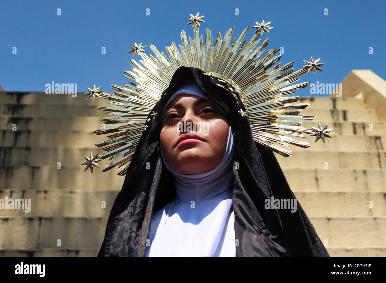 Mexico City, Mexico. 22nd Mar, 2023. 19-year-old Paulina Quetzali Garcia Gonzalez, will play the Virgin Mary during a press conference for the 180 Anniversary of the Passion of Christ. On March 22, 2023, Mexico City, Mexico. (Photo by Carlos Santiago/ Eyepix Group/NurPhoto) Credit: NurPhoto SRL/Alamy Live News Stock Photo