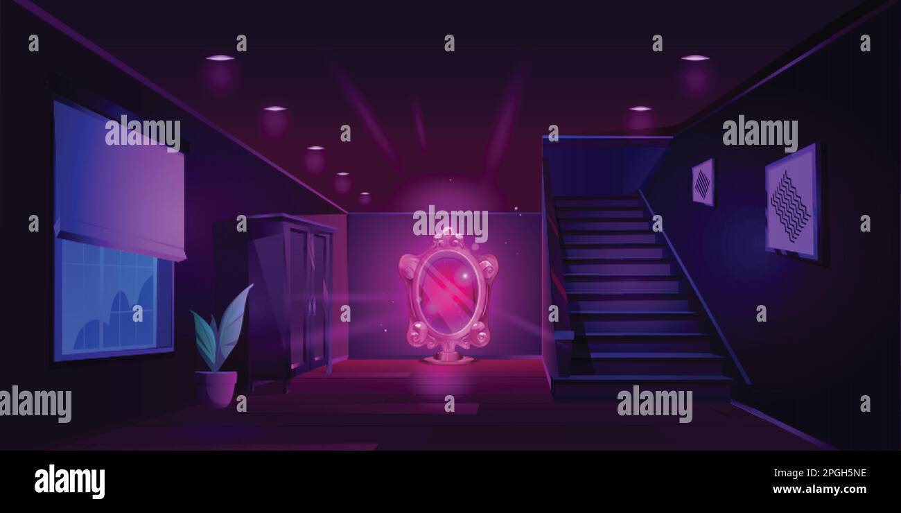 Magic mirror in home interior. Game background with fantasy portal in