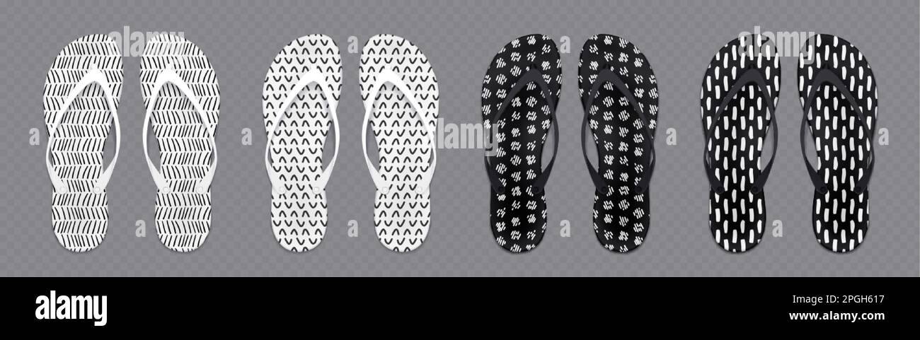Summer flip flops, sandals for sand beach, pool and seaside. Black and white slippers with abstract hand drawn patterns of paint brush strokes, vector Stock Vector