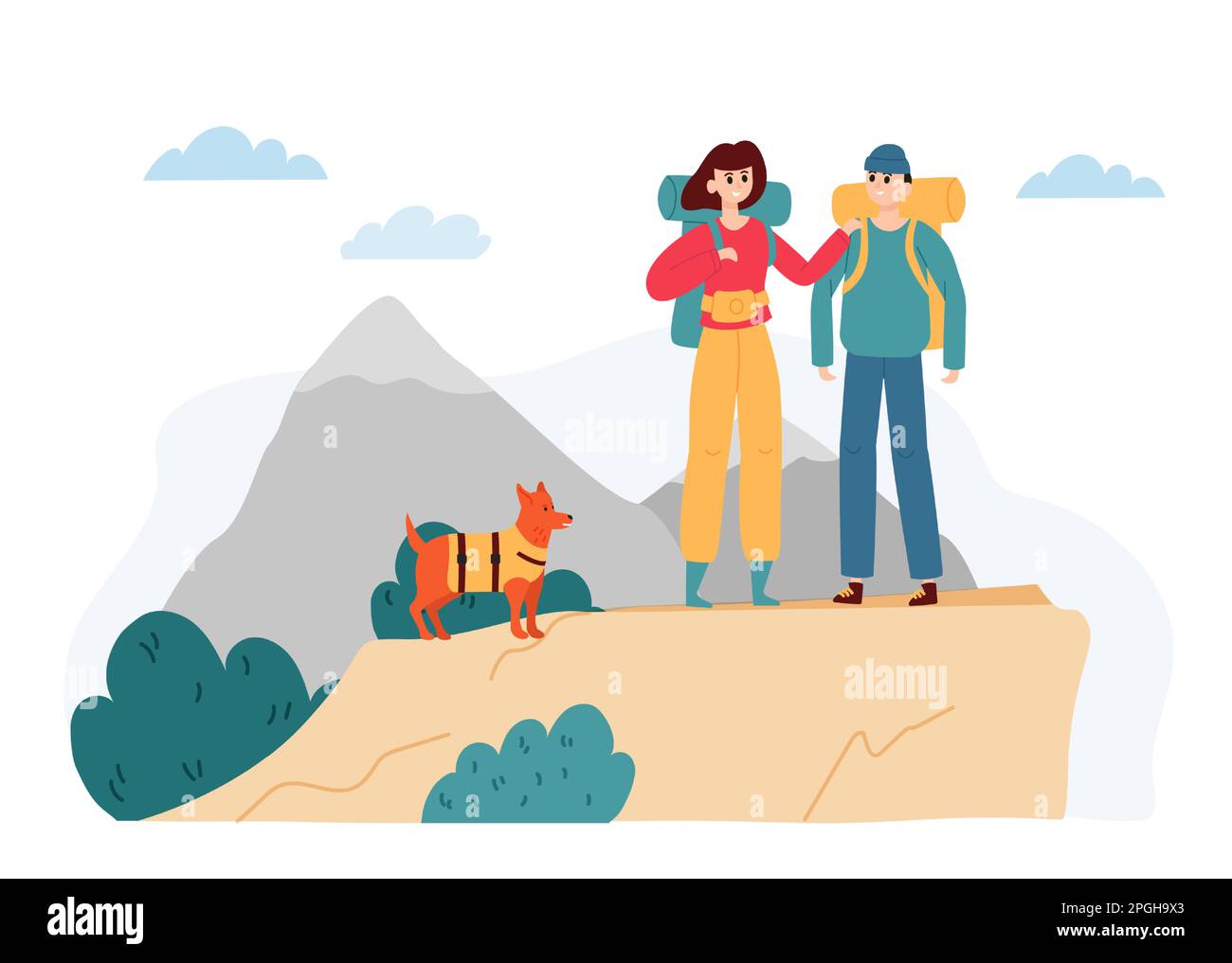 Active hiking tourists, outdoor activity camping trip. Man and woman with backpacks trekking in mountains with pet Stock Vector