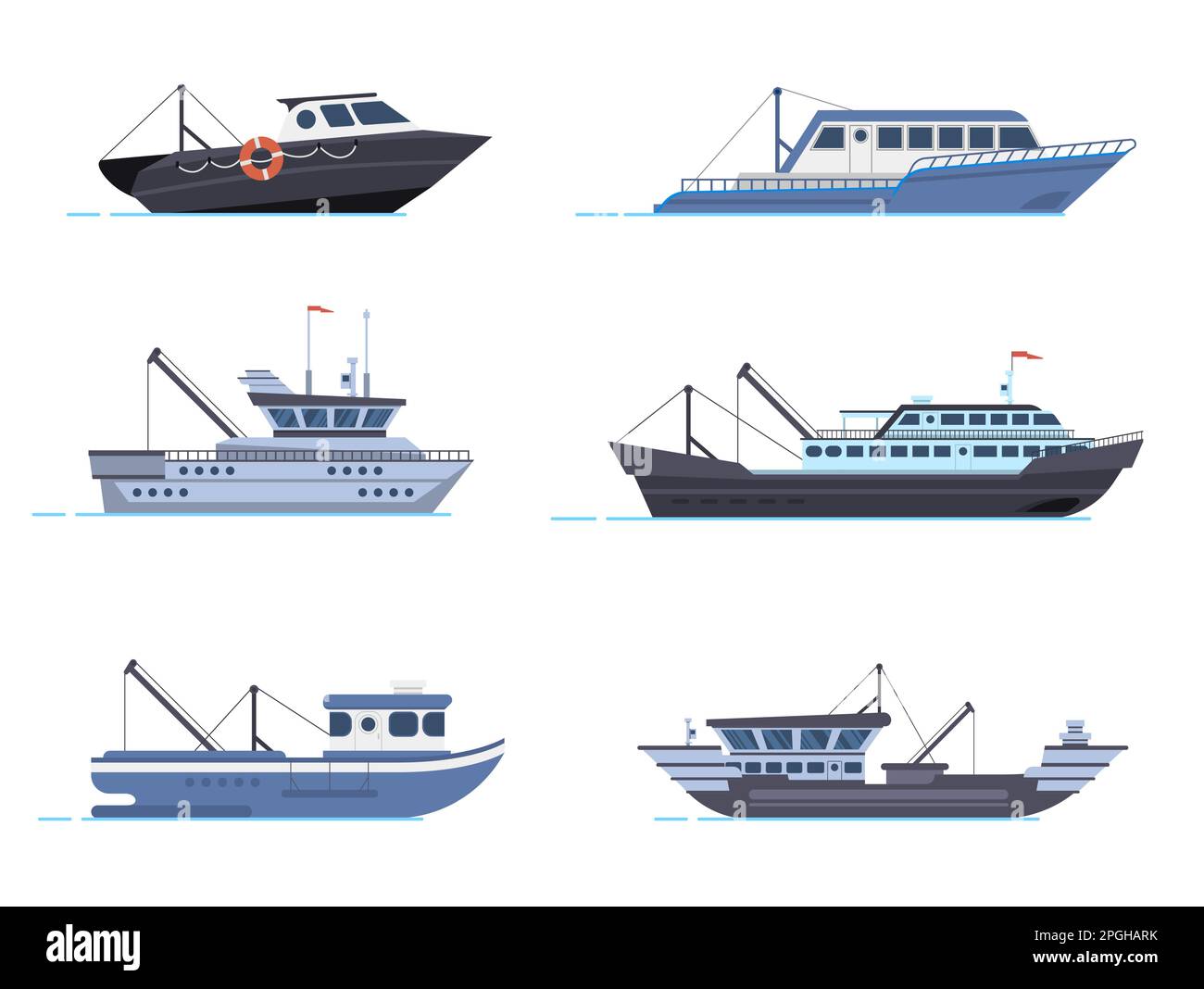 Fisherman boat, commercial vessels. Transportation on sea or ocean. Fish catching transport, water vehicles for logistic Stock Vector