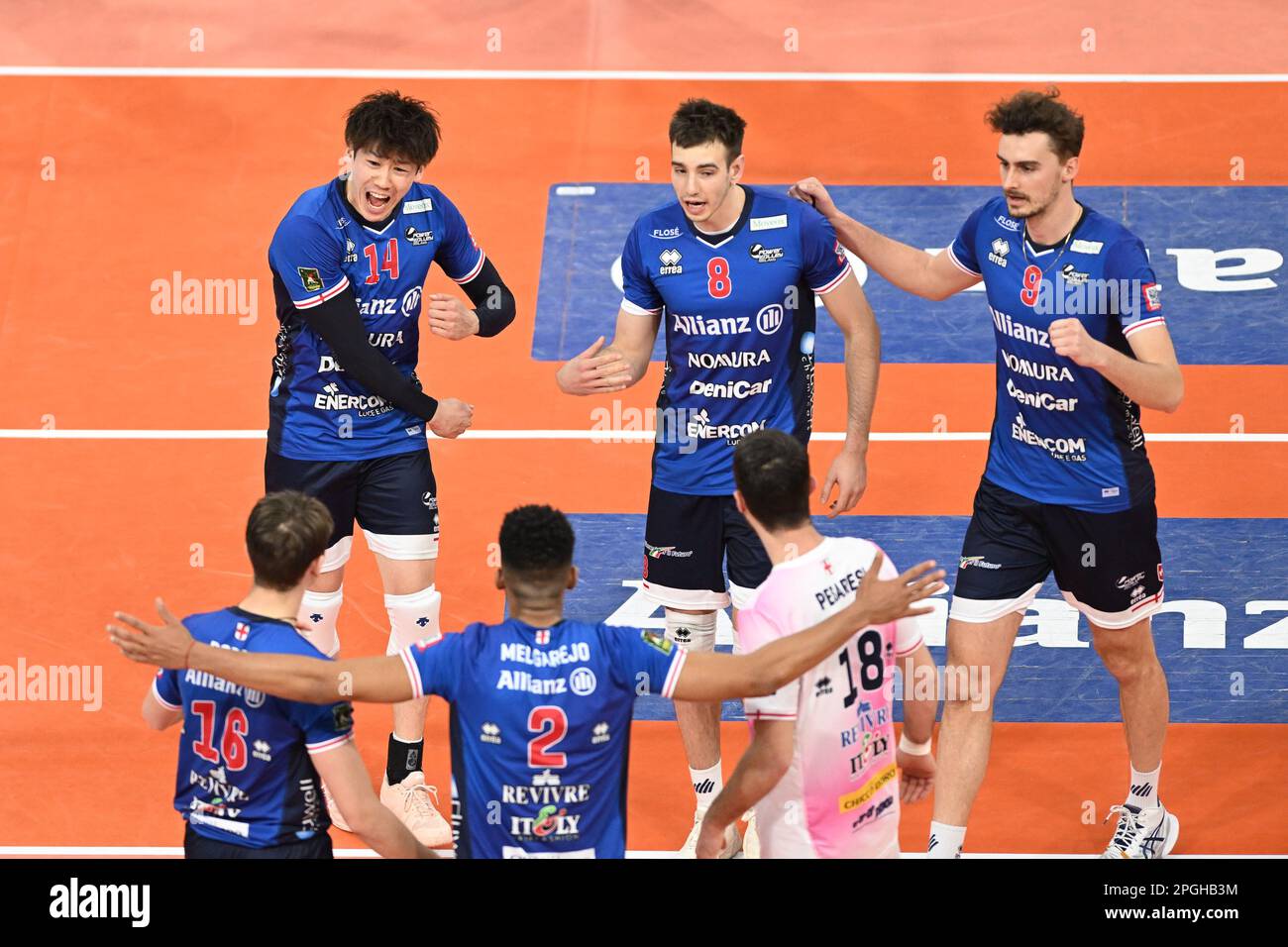 Allianz Powervolley Milano players celebrates after scoring a point during the Volleyball Italian Serie A Men Superleague Championship Play Off - Alli Stock Photo