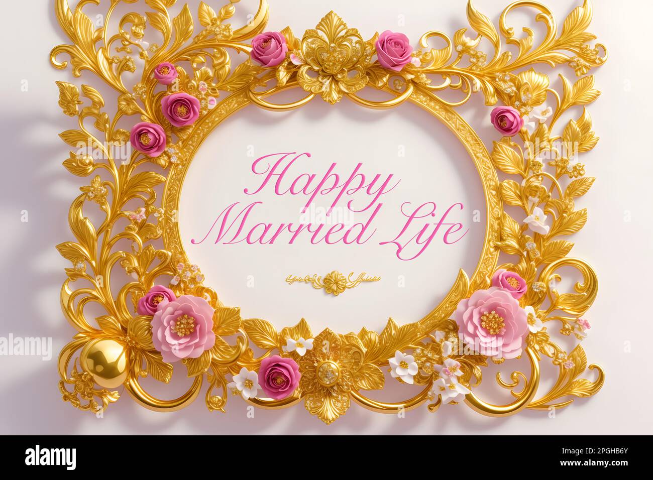 Happy Married Life words inside of golden frame with flowers, on ...