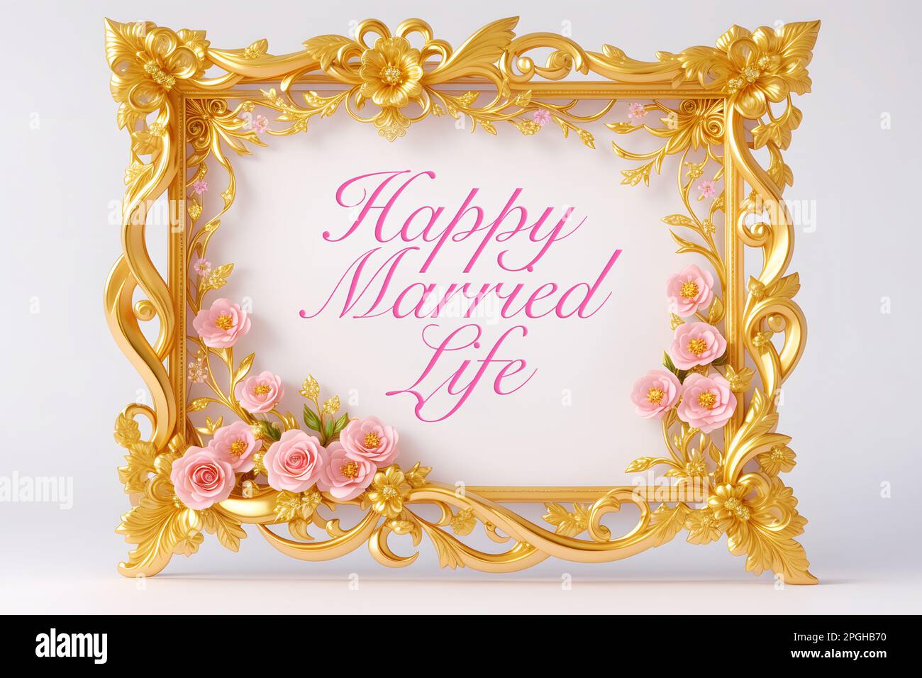 Happy Married Life words inside of golden frame with flowers, on white