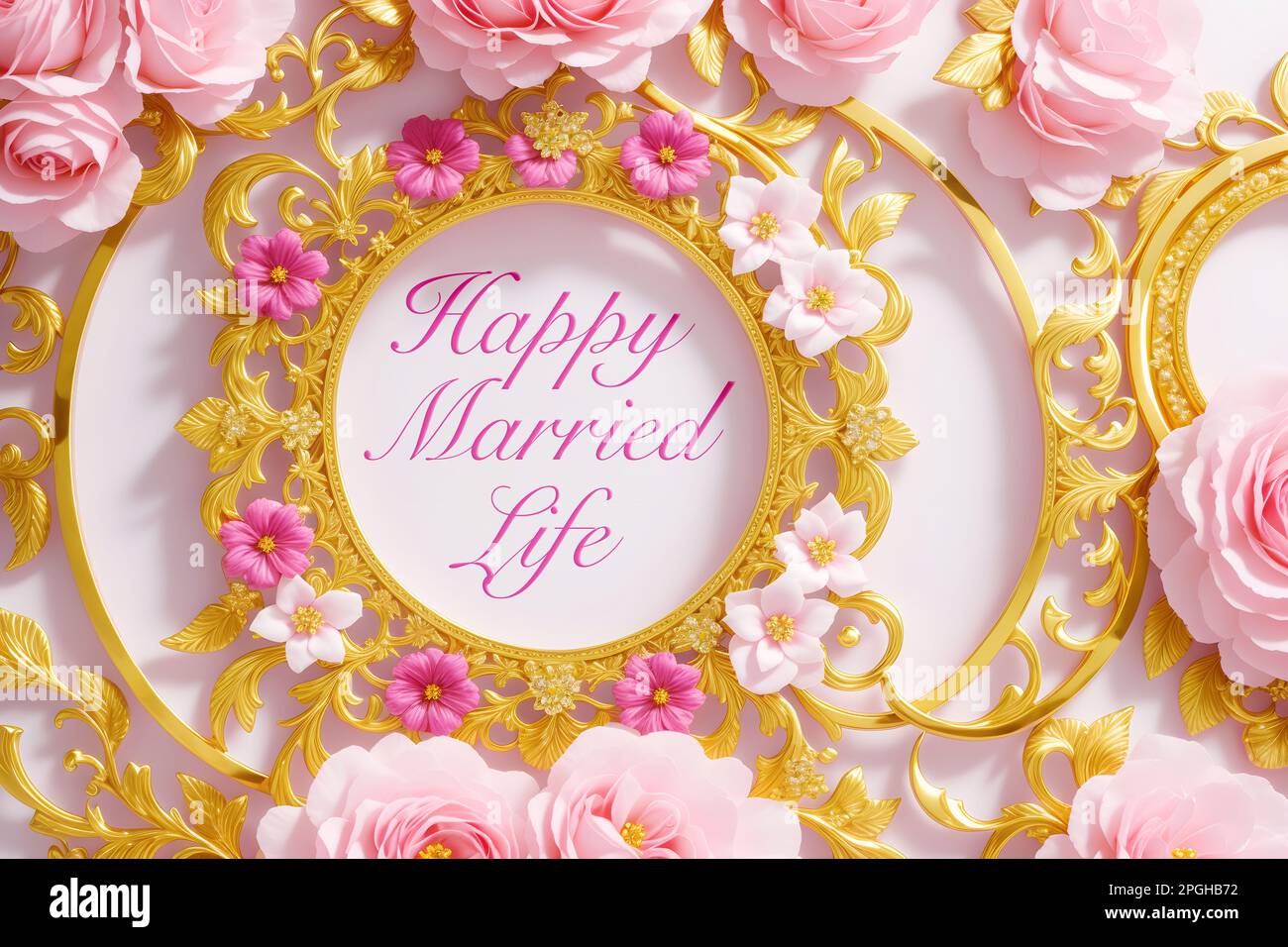 Happy Married Life words inside of golden frame with flowers, on ...