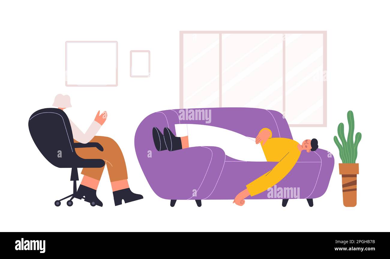 Psychotherapy help individual and therapy consultation session. Male patient lying on sofa and having consultation Stock Vector