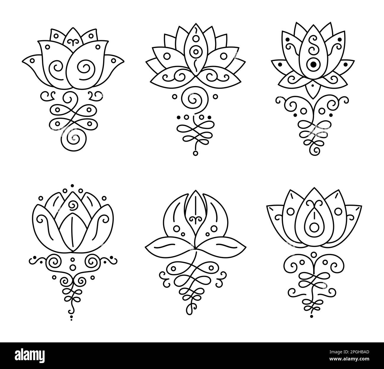 Unalome lotus. Bohemian flower tattoo, buddhism life path sign and zen geometry. Beauty and