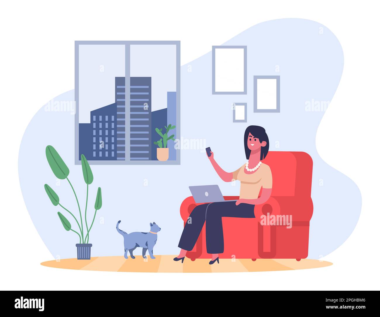 Freelance working person concept. Businesswoman sitting in armchair with laptop and smartphone. Female character Stock Vector