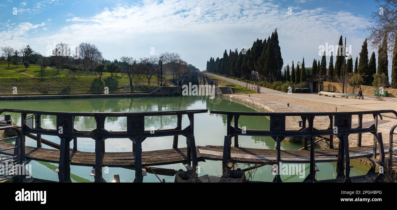 Beziers, France - 2 March, 2023: panorama view of the landmark Fonseranes staircase locks on the Canal du Midi near Beziers Stock Photo