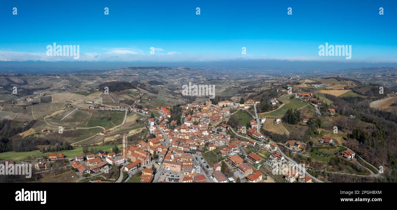 Montforte d'Alba, Italy: 10 March, 2023: panorama view of the picturesque village of Montforte d'Alba in the Barolo wine region of the Italian Piedmon Stock Photo