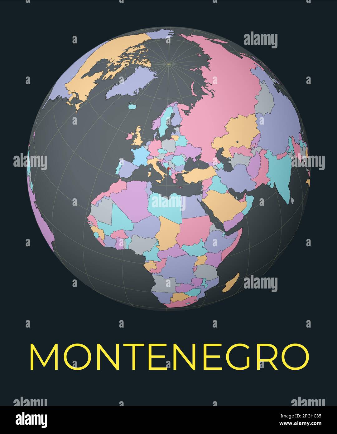 World Map Centered On Montenegro Red Country Highlighted Satellite World Map Centered On Montenegro Red Country Highlighted Satellite World View Centered On The Country With Name Vector 2PGHC85 