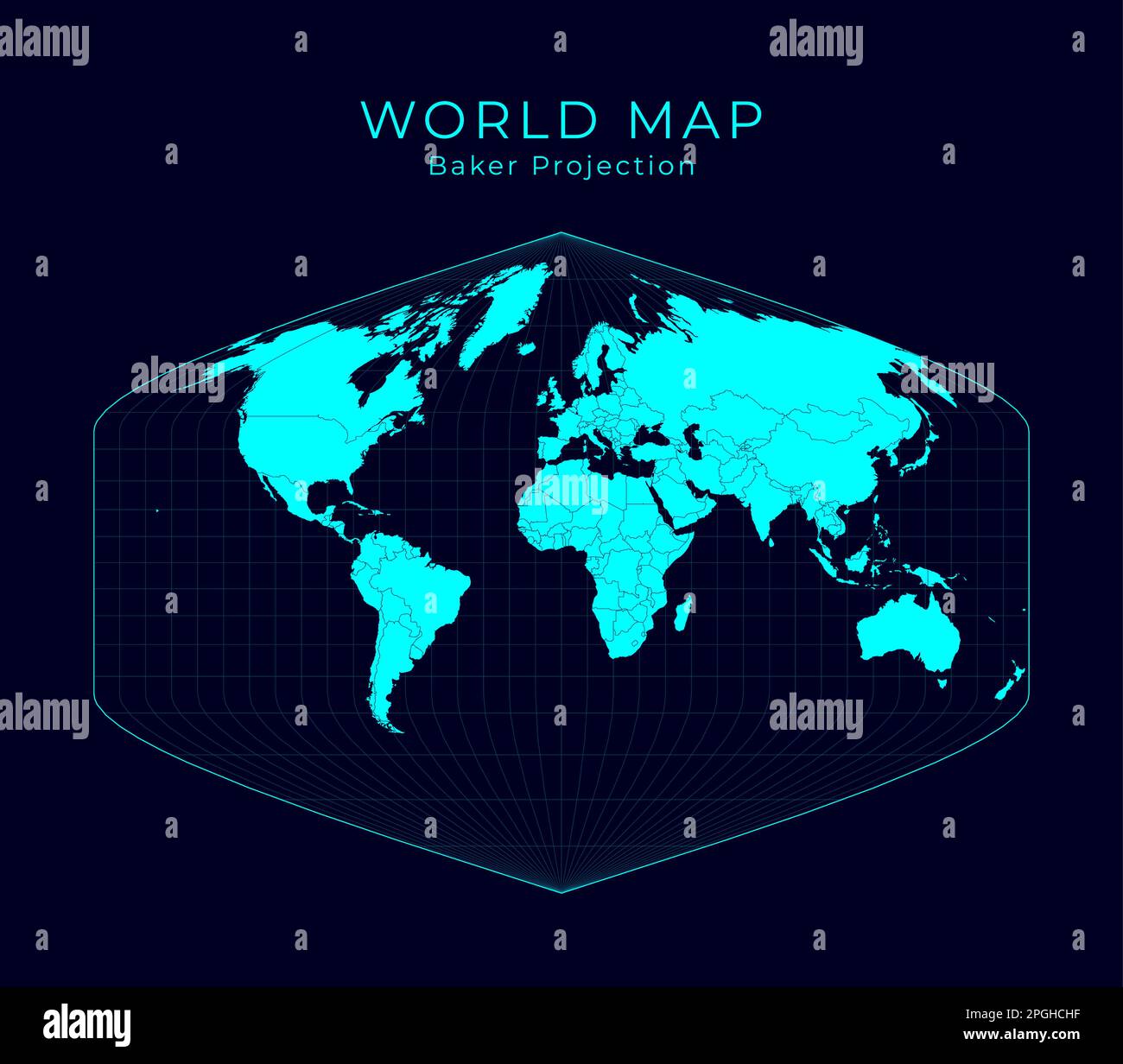 Map of the World. Baker Dynamic projection. Futuristic Infographic ...