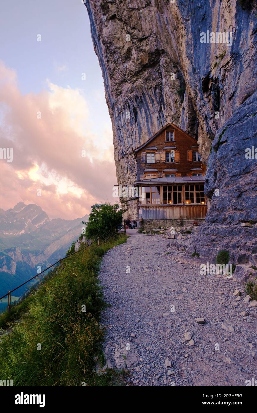 Berggasthaus Aescher in den Appenzeller Alpen at sunset, restaurant ...