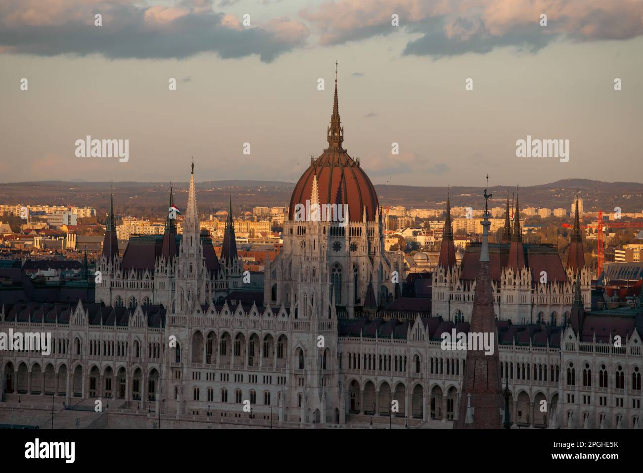View of Budapest parliament at sunset, Hungary Stock Photo
