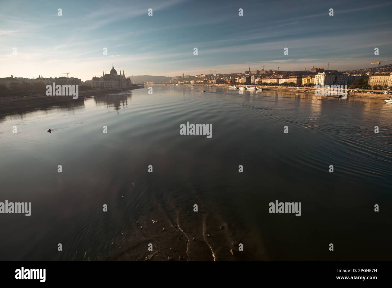 Panoramic view of Budapest on a foggy autumn morning with the Danube river and the Hungarian Parliament. Stock Photo