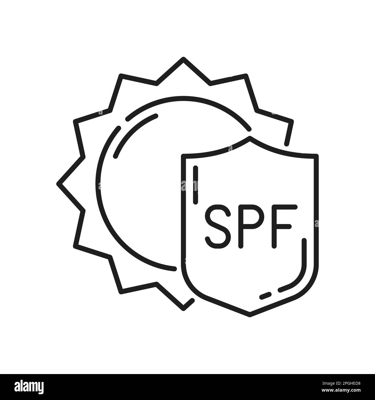 SPF shield isolated sun protection icon. Vector bright sun radiation, sunscreen rays reflection, block uv sun resistance and defense sign. Safety spa Stock Vector
