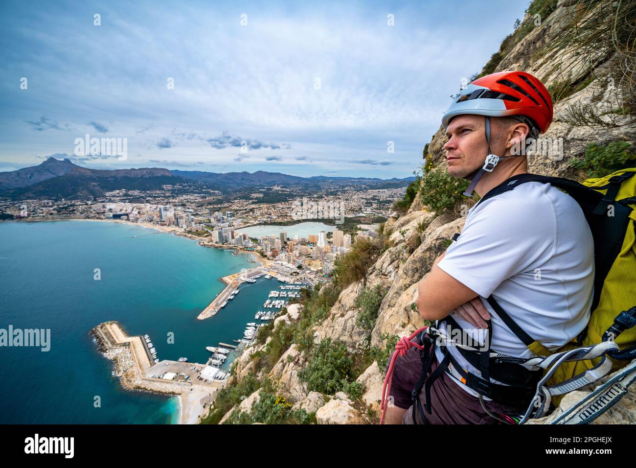 Trad rock climbing in Penyal d'Ifac National Park at Calp near Alicante