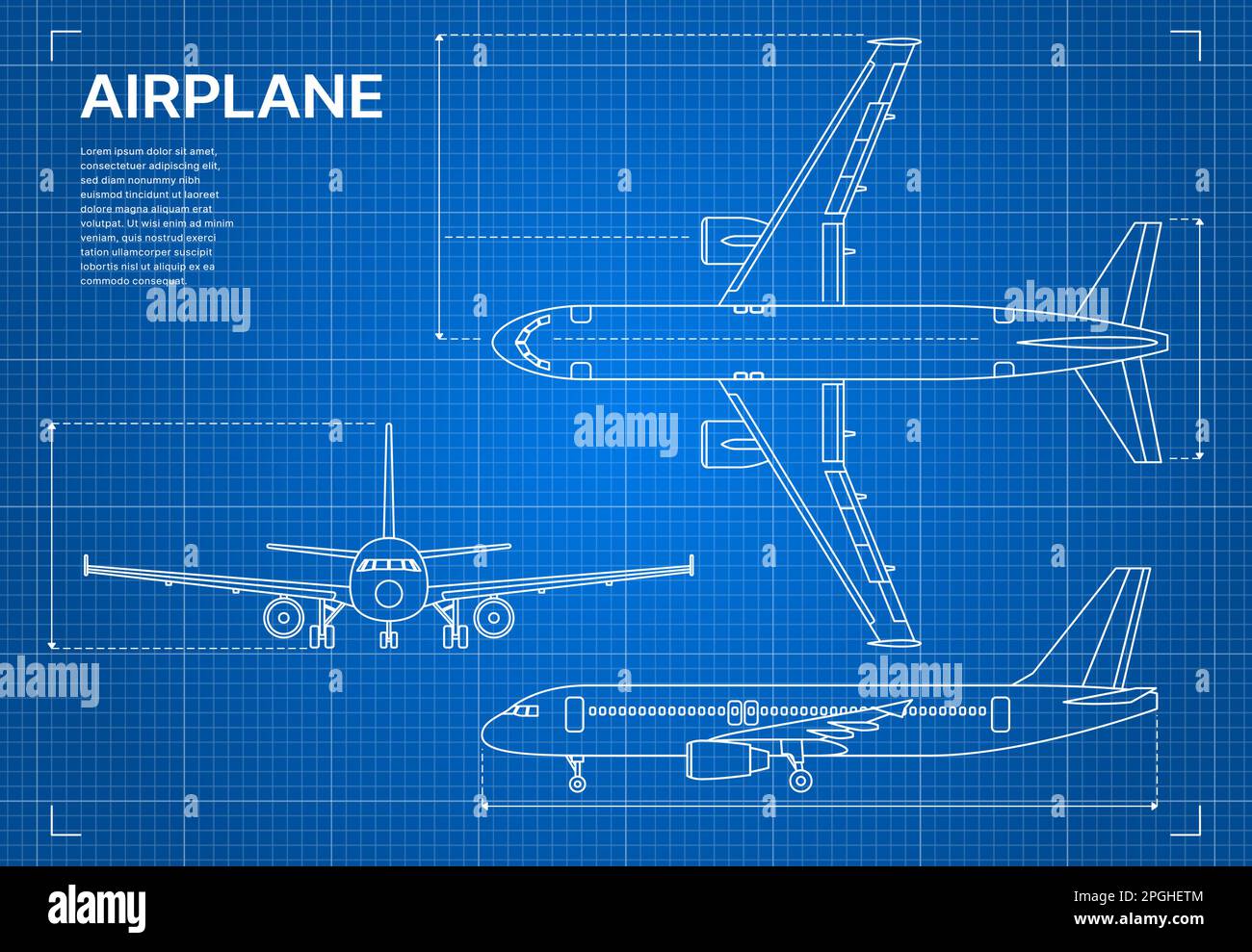 Outline plane aircraft blueprint or airplane design drawing, vector aviation industry. Plane jet blueprint plan with side and top view, aeroplane tech Stock Vector