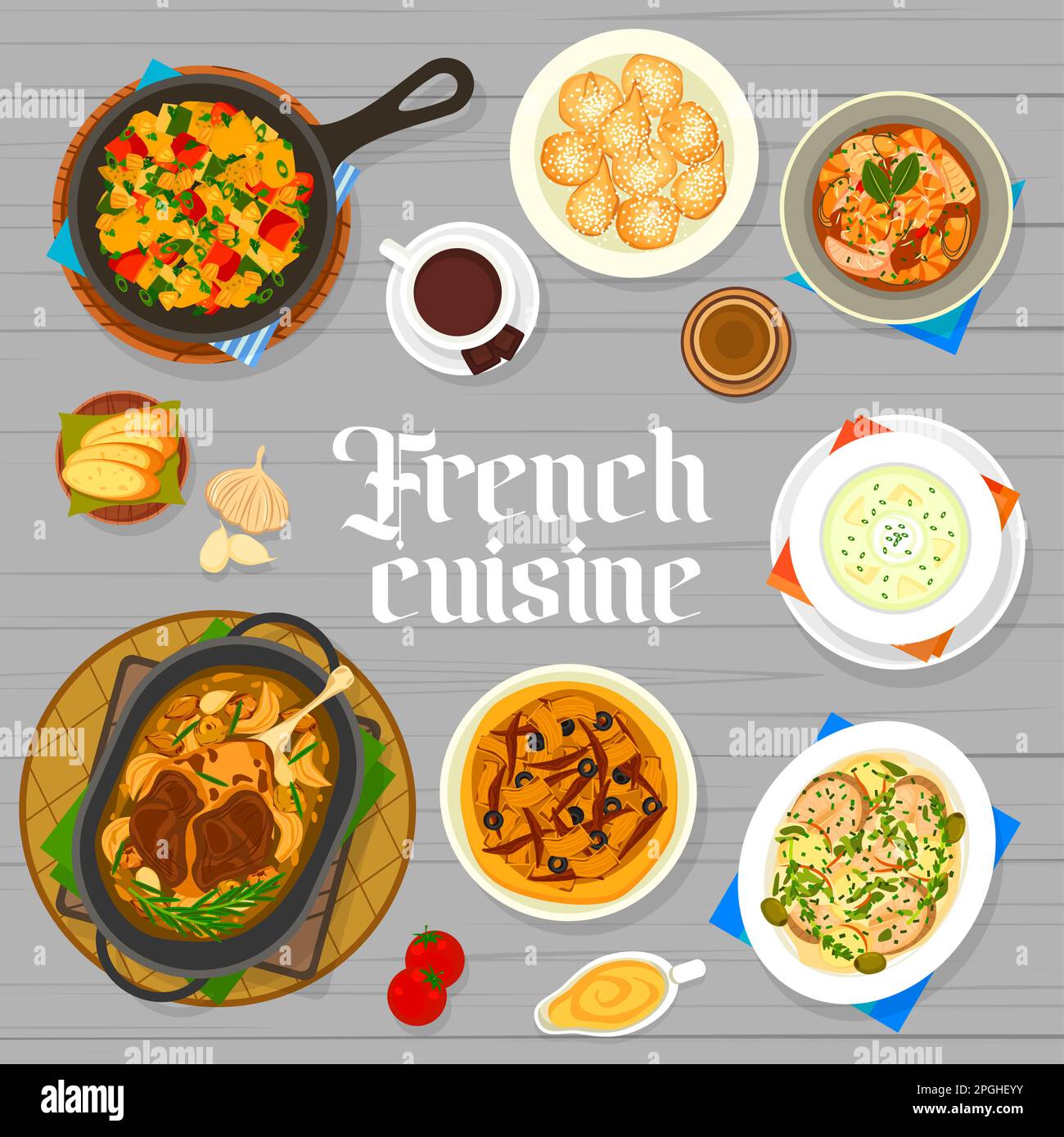French cuisine menu cover page design. Coffee and donuts, onion olive pie Passaladiere, soup