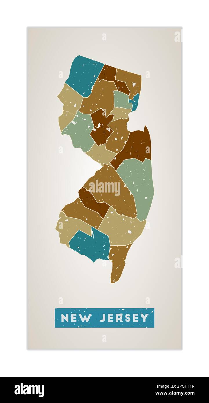 New Jersey map. US state poster with regions. Old grunge texture. Shape of New Jersey with US state name. Authentic vector illustration. Stock Vector