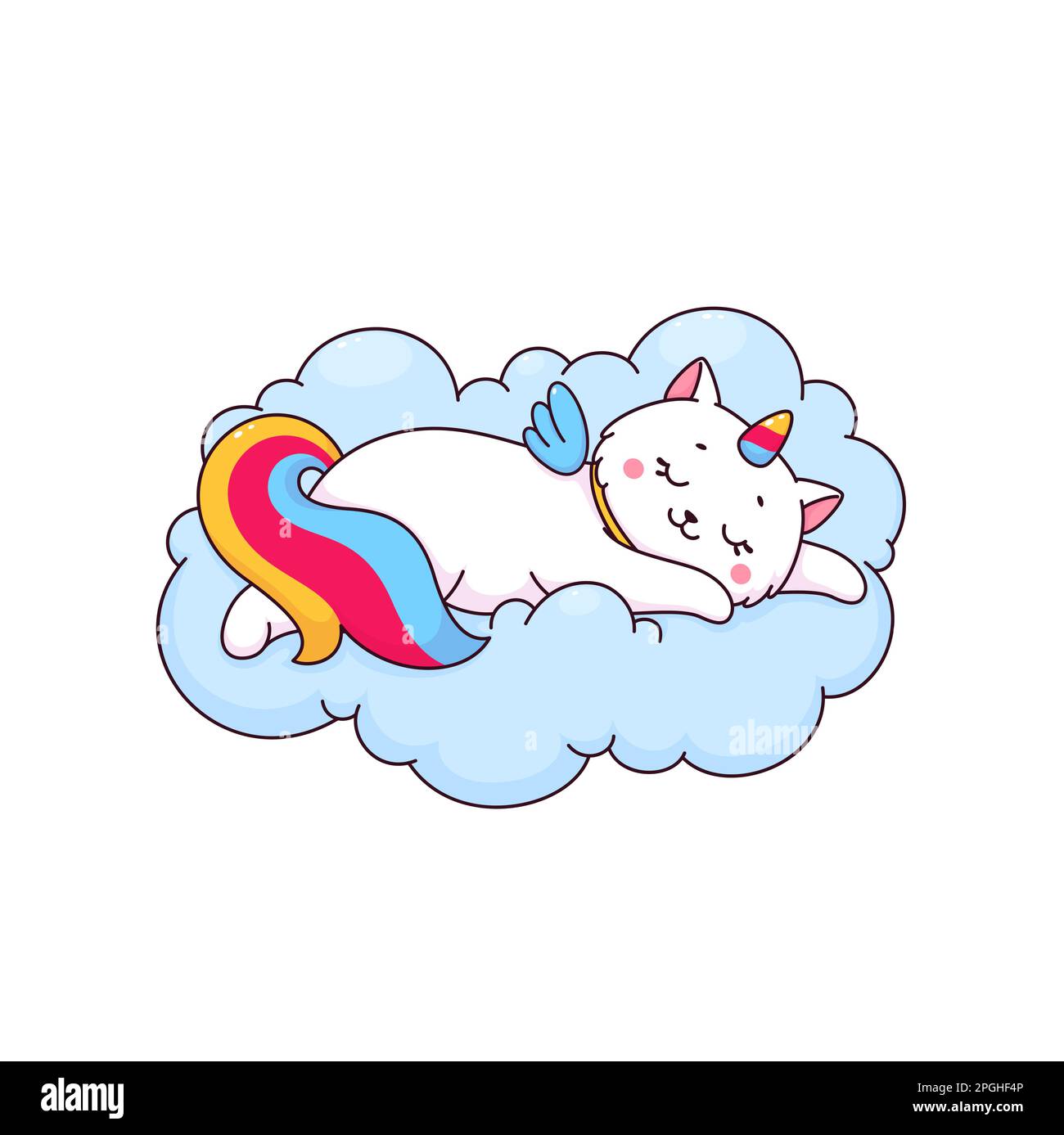 Cartoon cute caticorn character. Vector white unicorn cat sleeping on ...